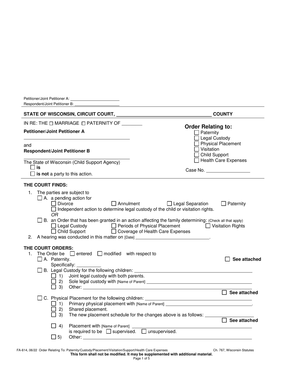 Form FA-614 Order Relating to Paternity / Legal Custody / Physical Placement / Visitation / Child Support / Health Care Expenses - Wisconsin, Page 1