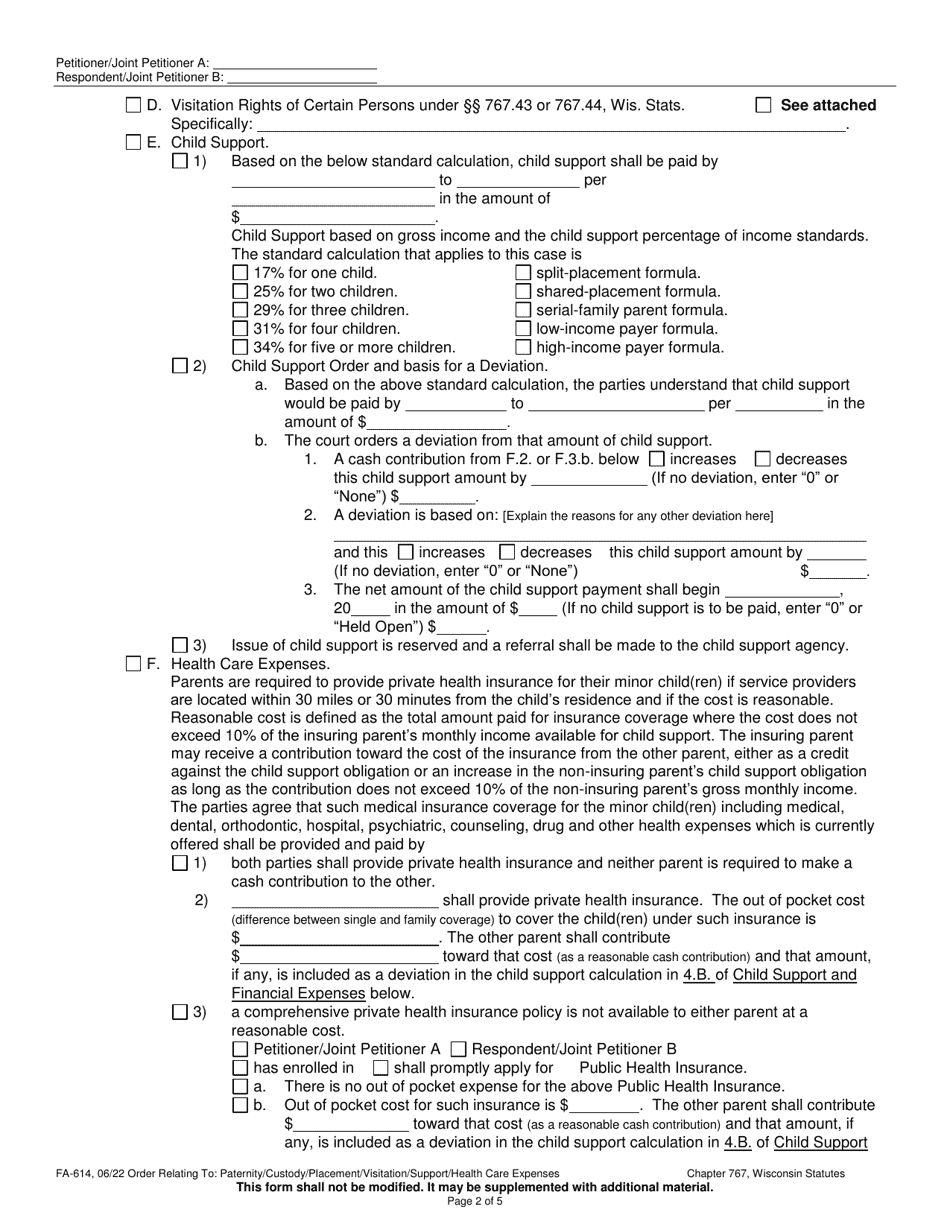 Form FA-614 Order Relating to Paternity / Legal Custody / Physical Placement / Visitation / Child Support / Health Care Expenses - Wisconsin, Page 2