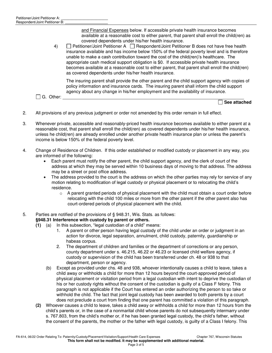 Form FA-614 Order Relating to Paternity / Legal Custody / Physical Placement / Visitation / Child Support / Health Care Expenses - Wisconsin, Page 3