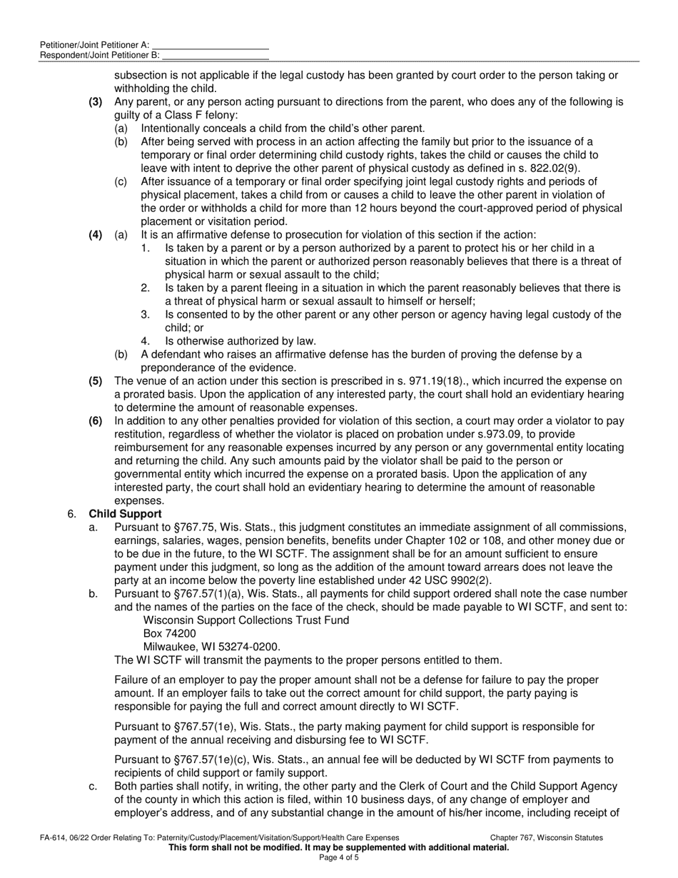 Form FA-614 Order Relating to Paternity / Legal Custody / Physical Placement / Visitation / Child Support / Health Care Expenses - Wisconsin, Page 4