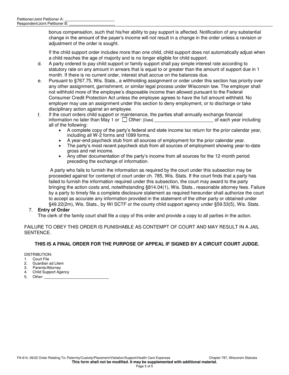 Form FA-614 Order Relating to Paternity / Legal Custody / Physical Placement / Visitation / Child Support / Health Care Expenses - Wisconsin, Page 5