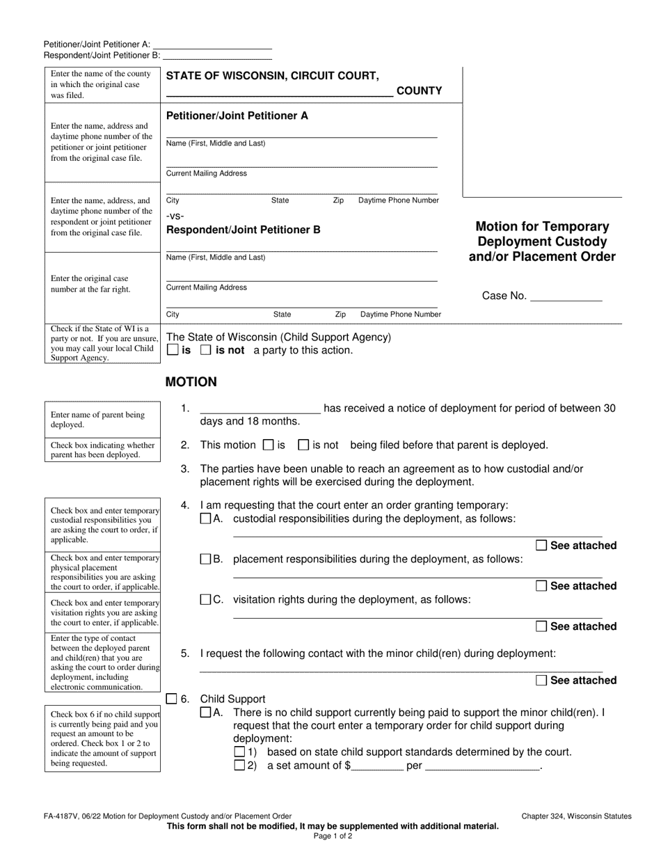 Form FA-4187V Motion for Temporary Deployment Custody and / or Placement Order - Wisconsin, Page 1
