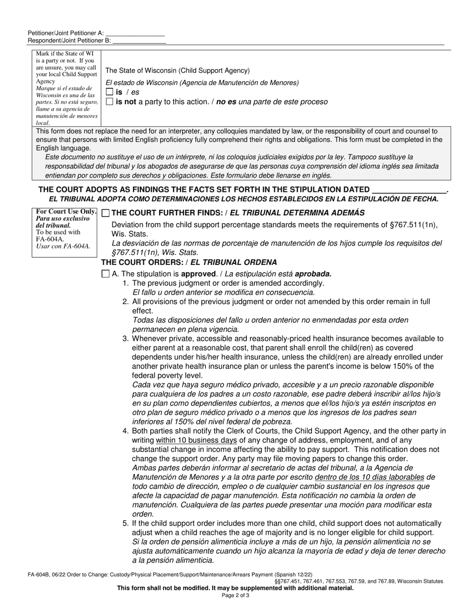 Form FA-604B Order on Stipulation to Change: Custody / Physical Placement / Support / Maintenance / Arrears Payment - Wisconsin (English / Spanish), Page 2