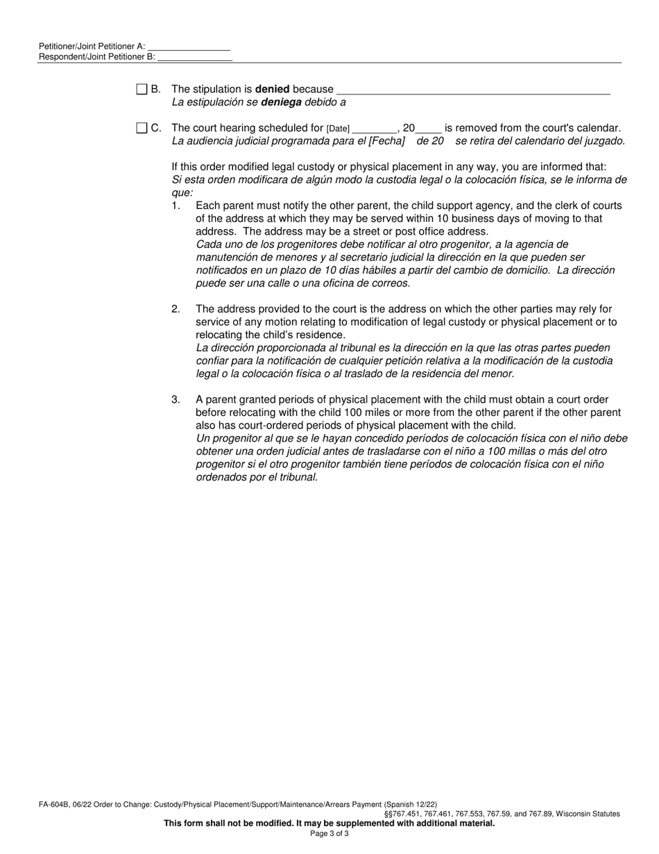 Form FA-604B Order on Stipulation to Change: Custody / Physical Placement / Support / Maintenance / Arrears Payment - Wisconsin (English / Spanish), Page 3