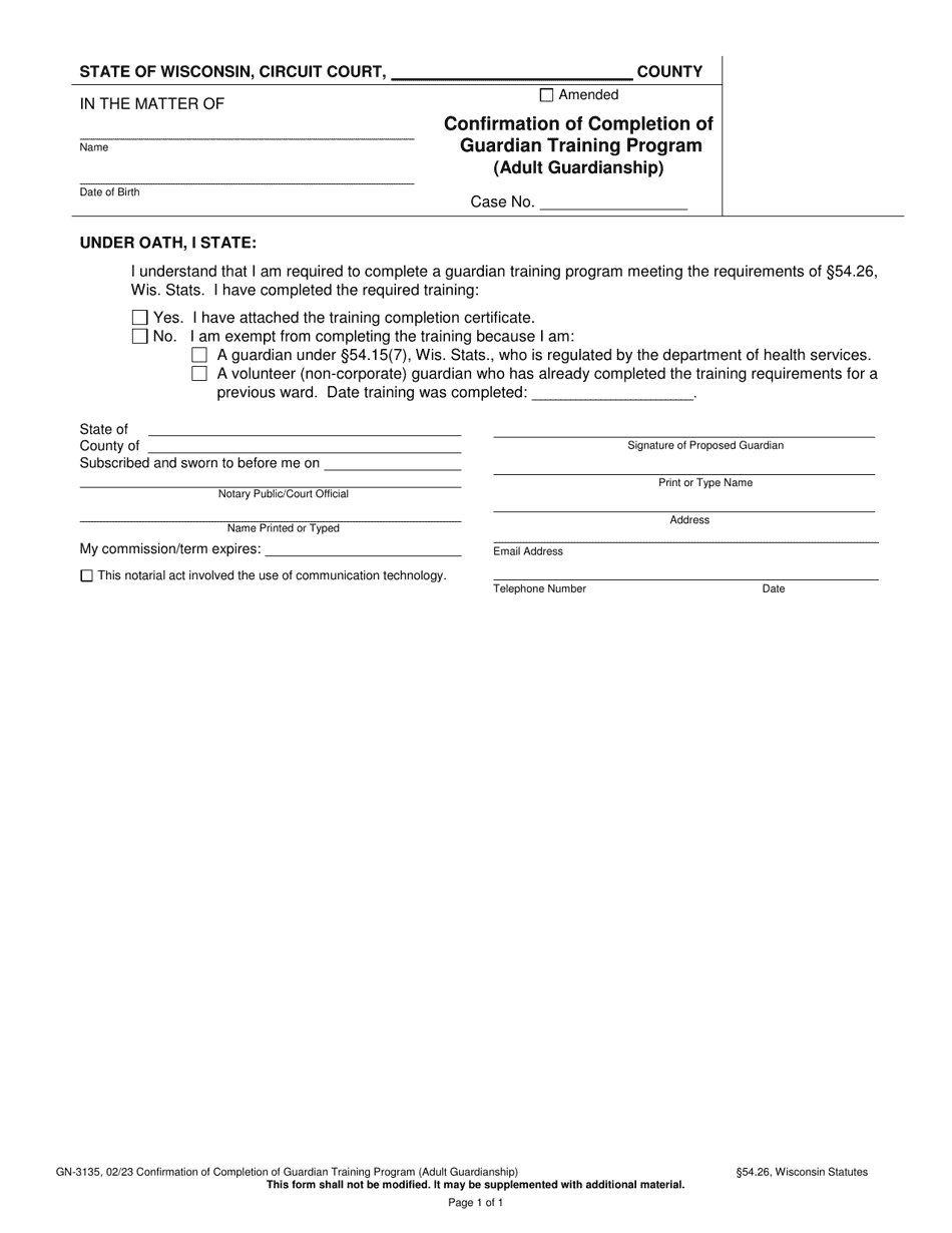 Form GN-3135 Confirmation of Completion of Guardian Training Program (Adult Guardianship) - Wisconsin, Page 1