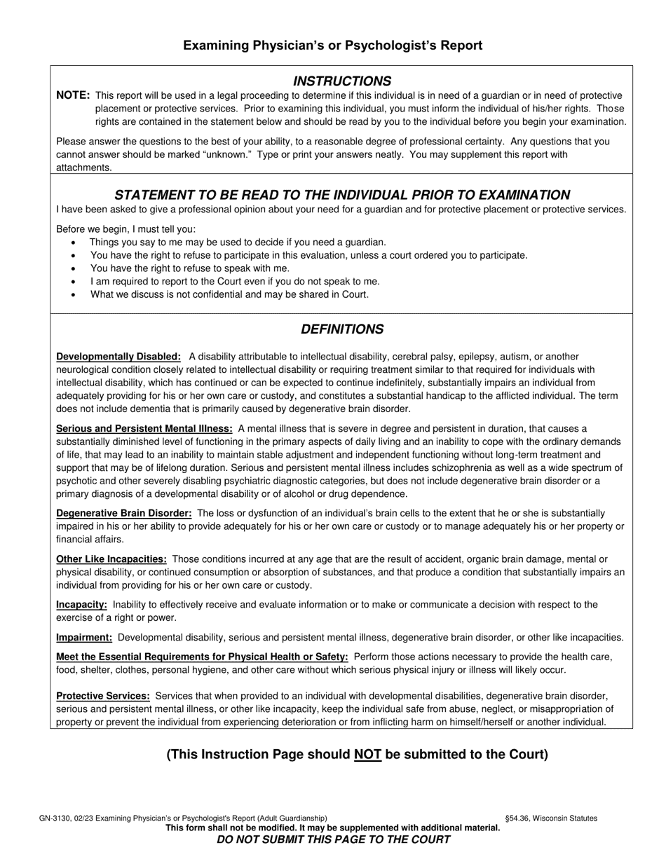 Form GN-3130 Examining Physicians or Psychologists Report (Adult Guardianship) - Wisconsin, Page 1