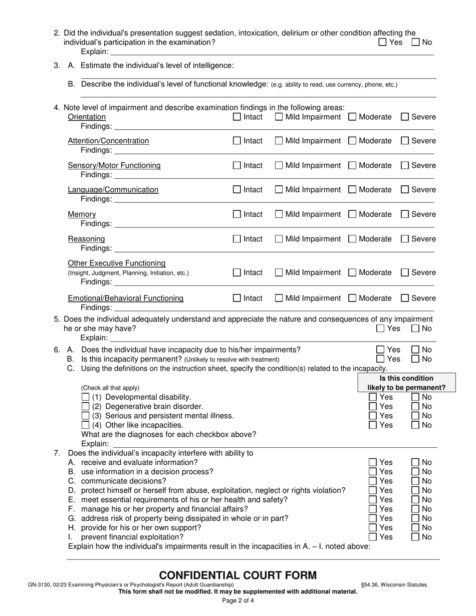 Form GN-3130 Examining Physicians or Psychologists Report (Adult Guardianship) - Wisconsin, Page 3