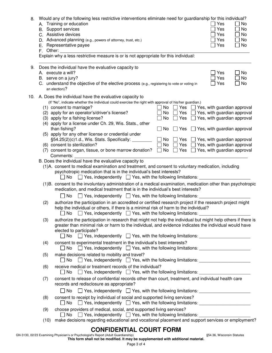 Form GN-3130 Examining Physicians or Psychologists Report (Adult Guardianship) - Wisconsin, Page 4