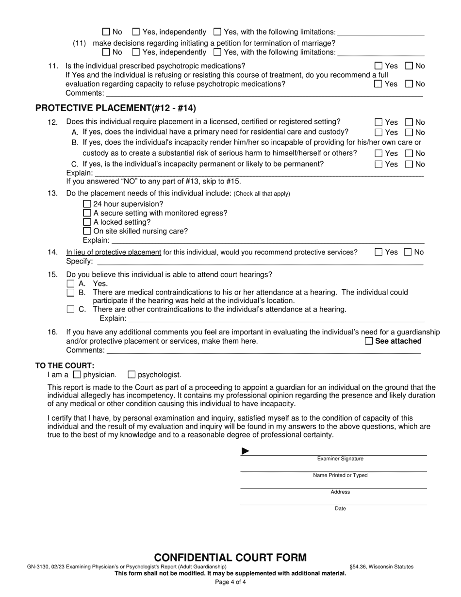 Form GN-3130 Examining Physicians or Psychologists Report (Adult Guardianship) - Wisconsin, Page 5