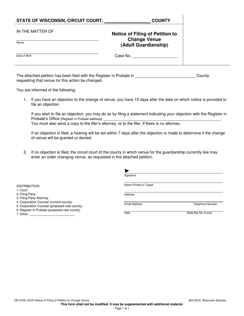 Form GN-3155 Notice of Filing of Petition to Change Venue (Adult Guardianship) - Wisconsin, Page 1