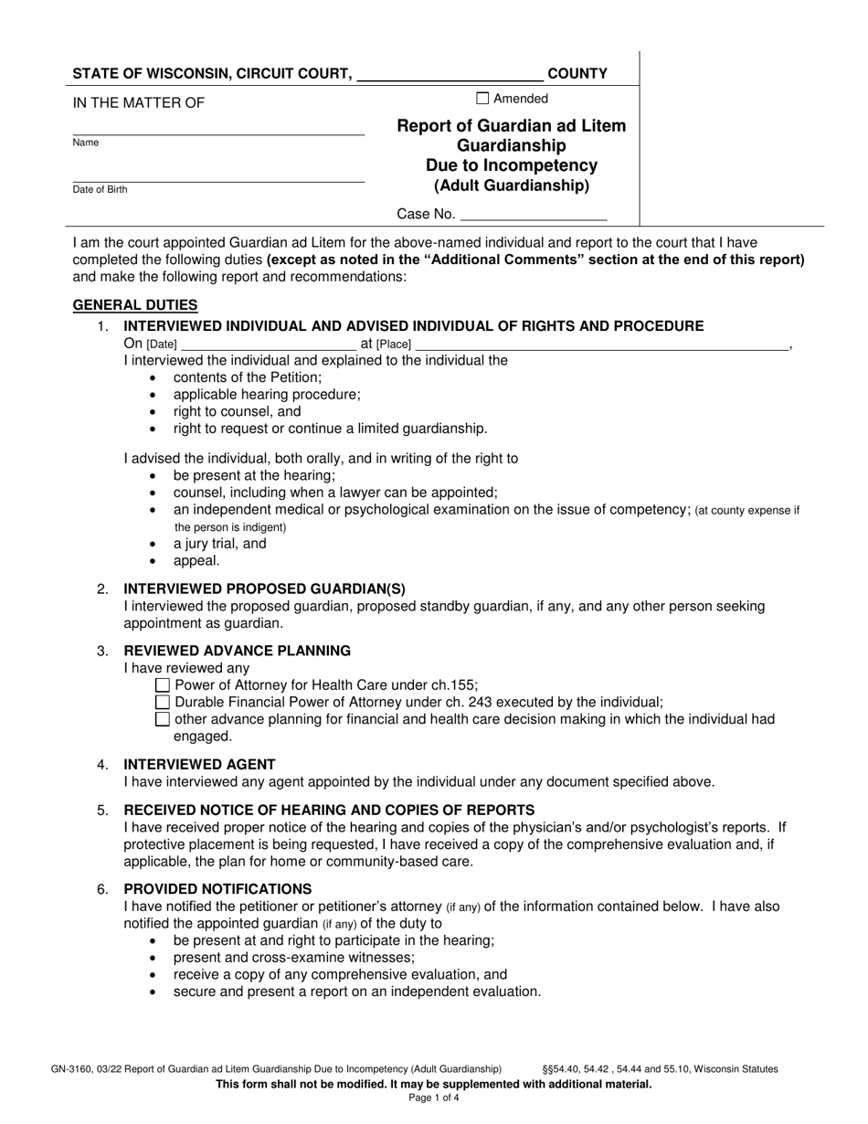 Form GN-3160 Report of Guardian Ad Litem Guardianship Due to Incompetency (Adult Guardianship) - Wisconsin, Page 1