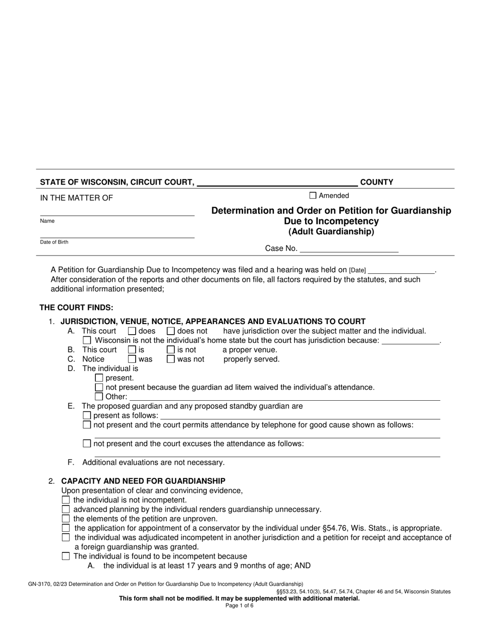 Form GN-3170 Determination and Order on Petition for Guardianship Due to Incompetency (Adult Guardianship) - Wisconsin, Page 1