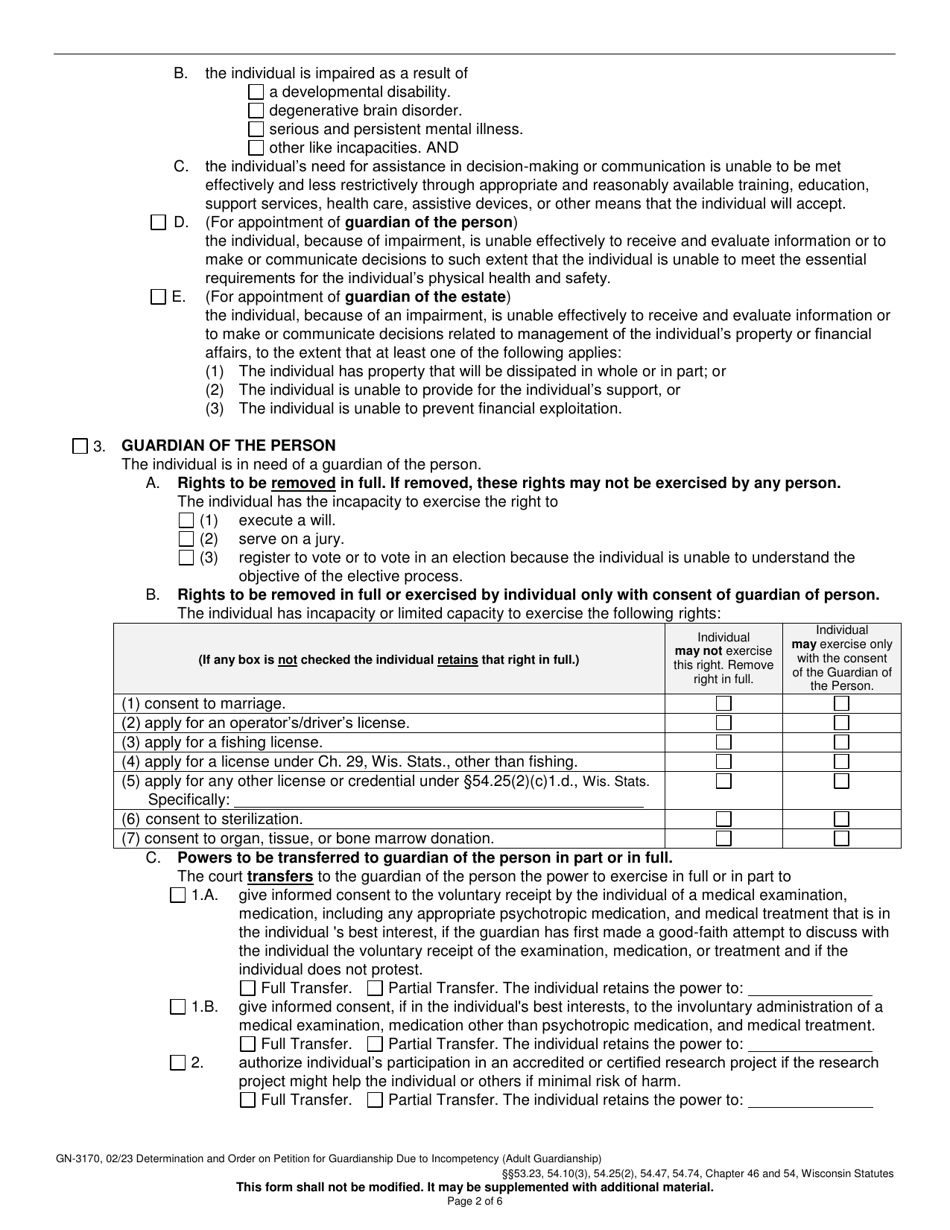 Form GN-3170 Determination and Order on Petition for Guardianship Due to Incompetency (Adult Guardianship) - Wisconsin, Page 2