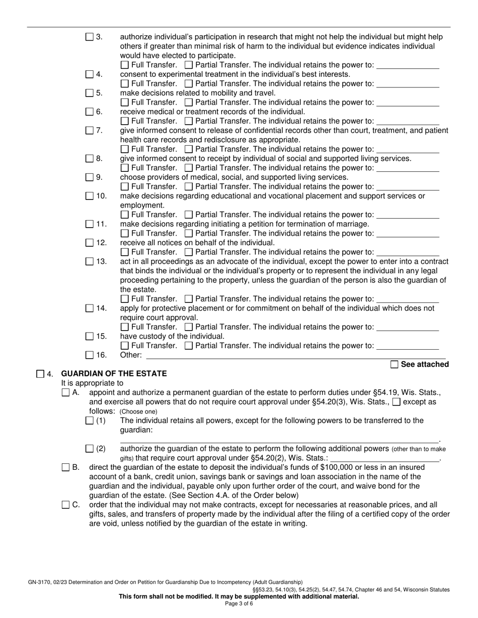 Form GN-3170 Determination and Order on Petition for Guardianship Due to Incompetency (Adult Guardianship) - Wisconsin, Page 3