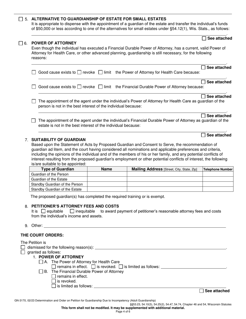 Form GN-3170 Determination and Order on Petition for Guardianship Due to Incompetency (Adult Guardianship) - Wisconsin, Page 4