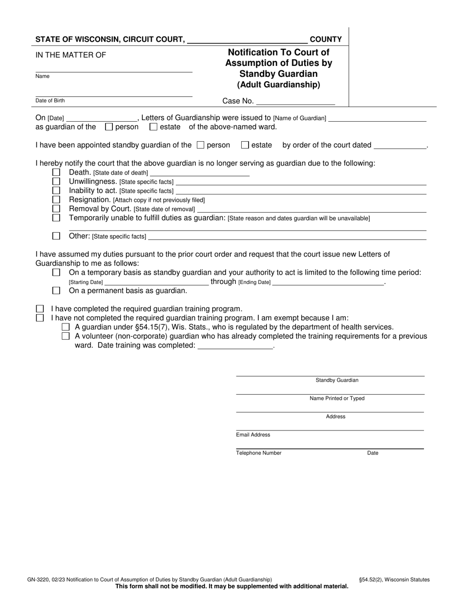 Form GN-3220 Notification to Court of Assumption of Duties by Standby Guardian (Adult Guardianship) - Wisconsin, Page 1