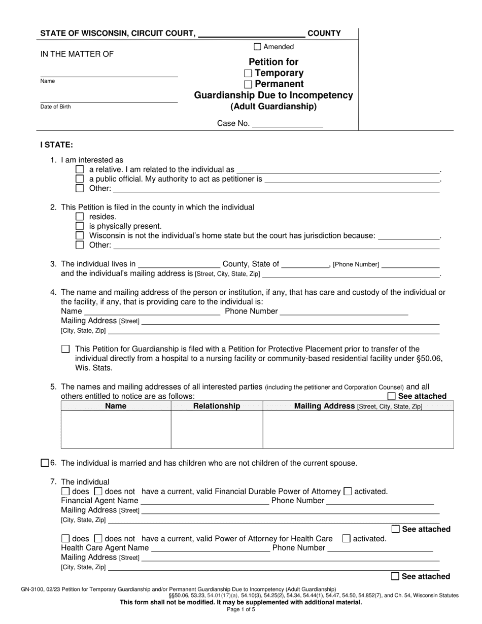 Form GN-3100 Petition for Temporary / Permanent Guardianship Due to Incompetency (Adult Guardianship) - Wisconsin, Page 1