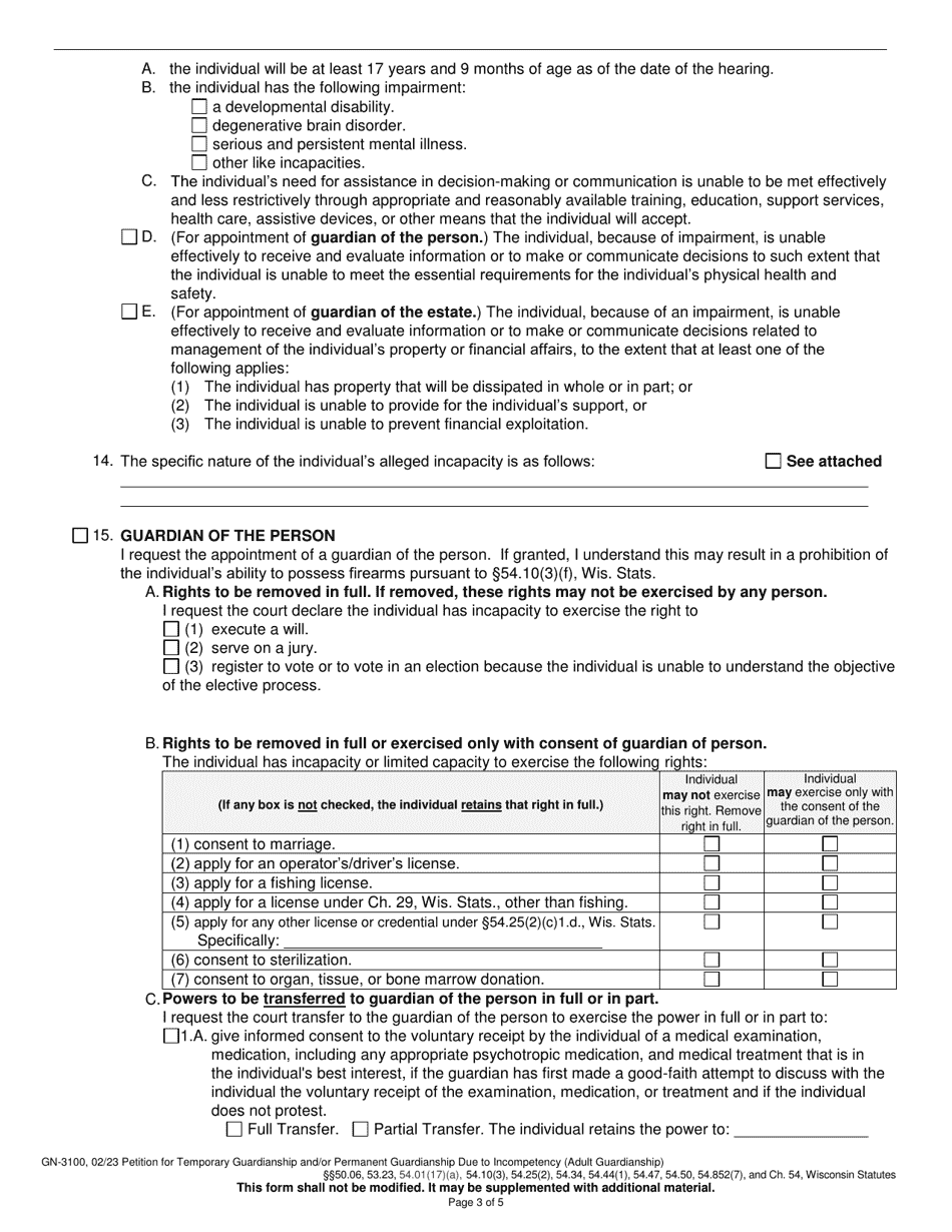 Form GN-3100 Petition for Temporary / Permanent Guardianship Due to Incompetency (Adult Guardianship) - Wisconsin, Page 3