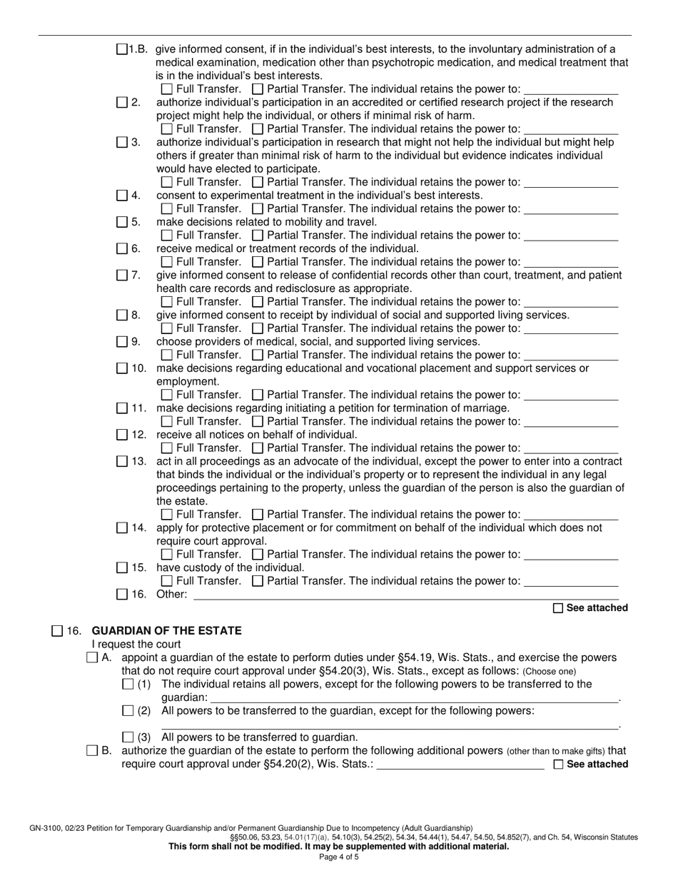 Form GN-3100 Petition for Temporary / Permanent Guardianship Due to Incompetency (Adult Guardianship) - Wisconsin, Page 4