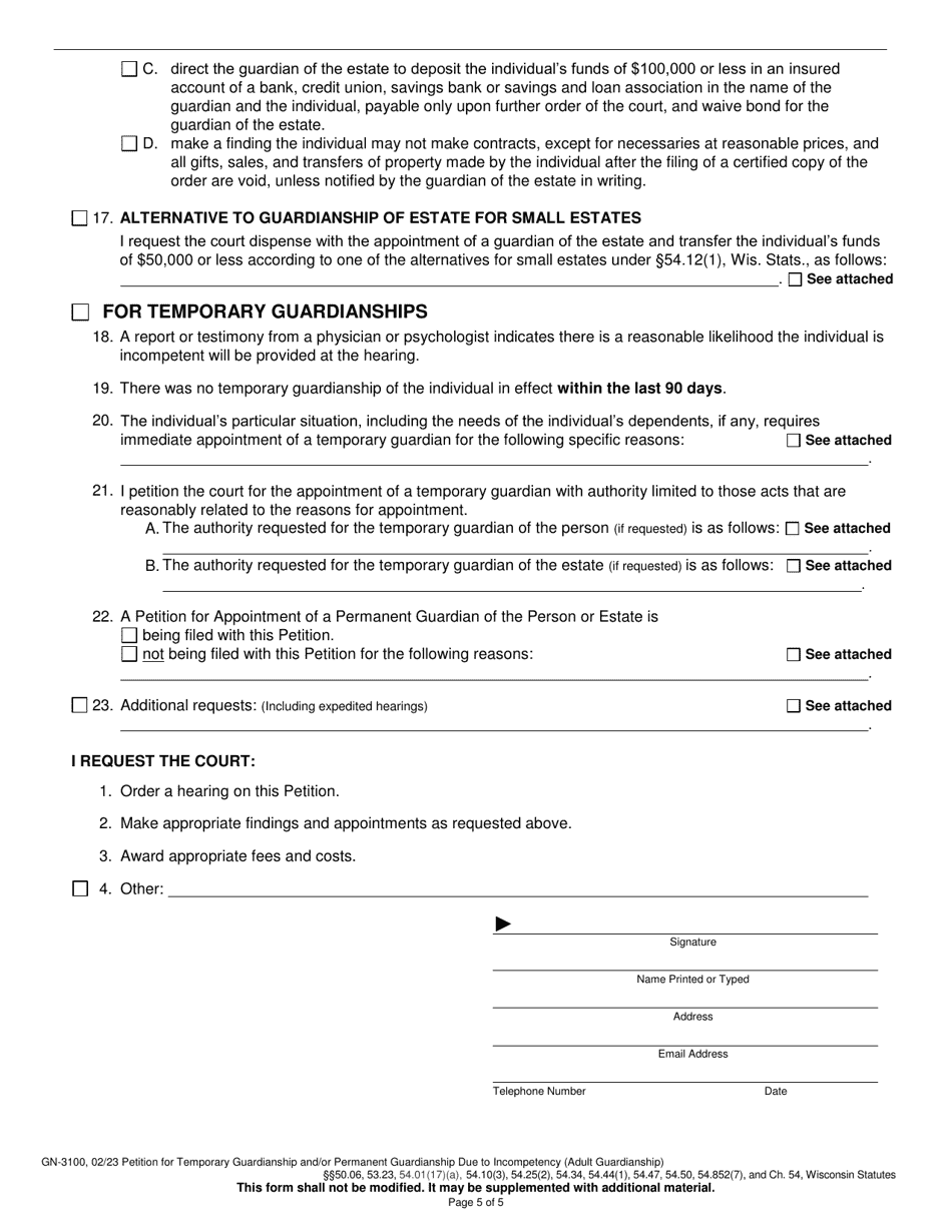 Form GN-3100 Petition for Temporary / Permanent Guardianship Due to Incompetency (Adult Guardianship) - Wisconsin, Page 5