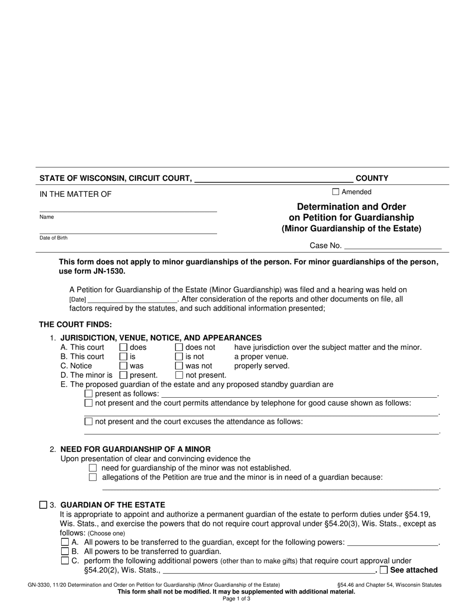 Form GN-3330 Determination and Order on Petition for Guardianship (Minor Guardianship of the Estate) - Wisconsin, Page 1