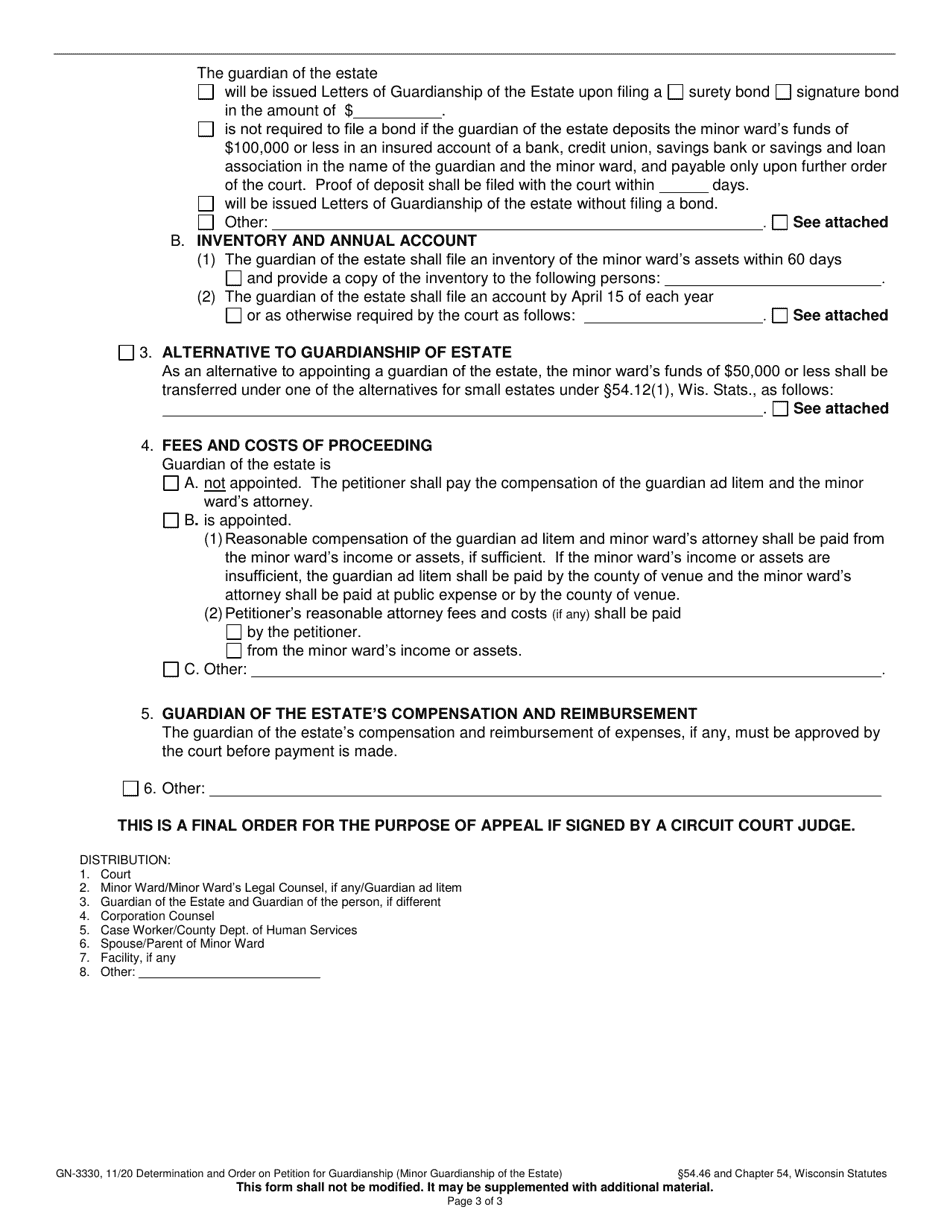 Form GN-3330 Determination and Order on Petition for Guardianship (Minor Guardianship of the Estate) - Wisconsin, Page 3