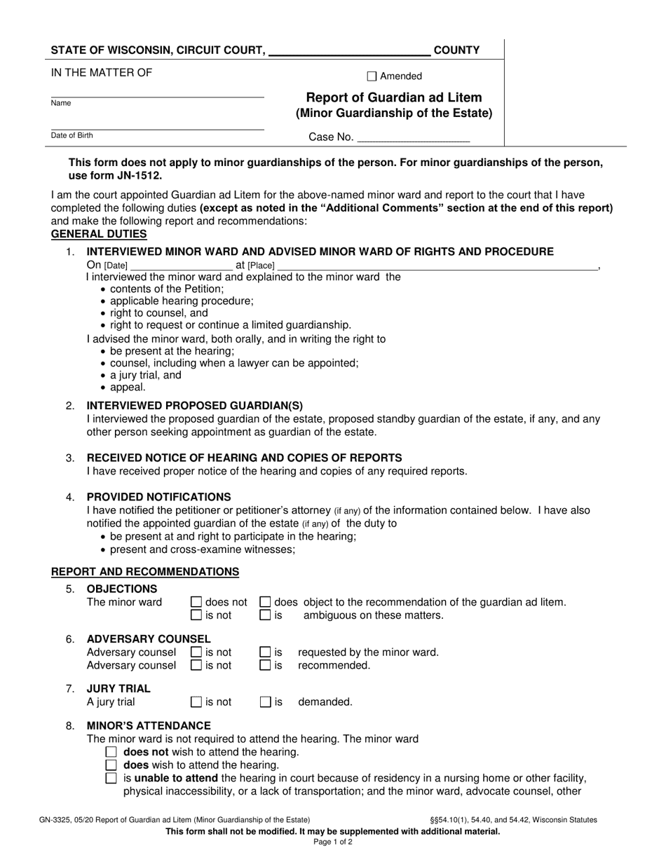 Form GN-3325 Report of Guardian Ad Litem (Minor Guardianship of the Estate) - Wisconsin, Page 1