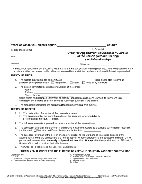 Form GN-3420 Order for Appointment of Successor Guardian of the Person (Without Hearing) (Adult Guardianship) - Wisconsin