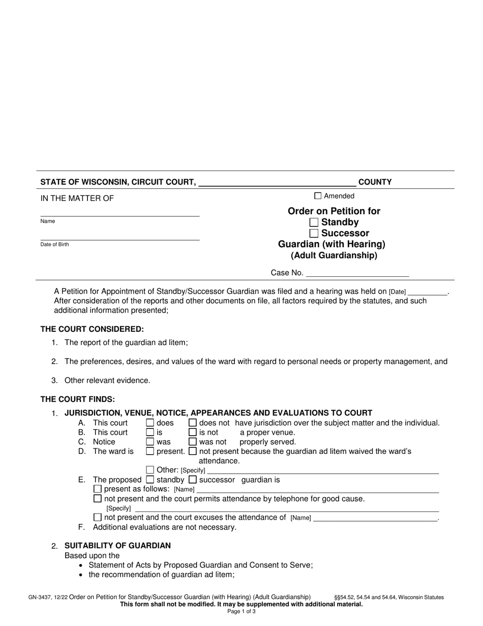 Form GN-3437 Order on Petition for Standby / Successor Guardian (With Hearing) (Adult Guardianship) - Wisconsin, Page 1