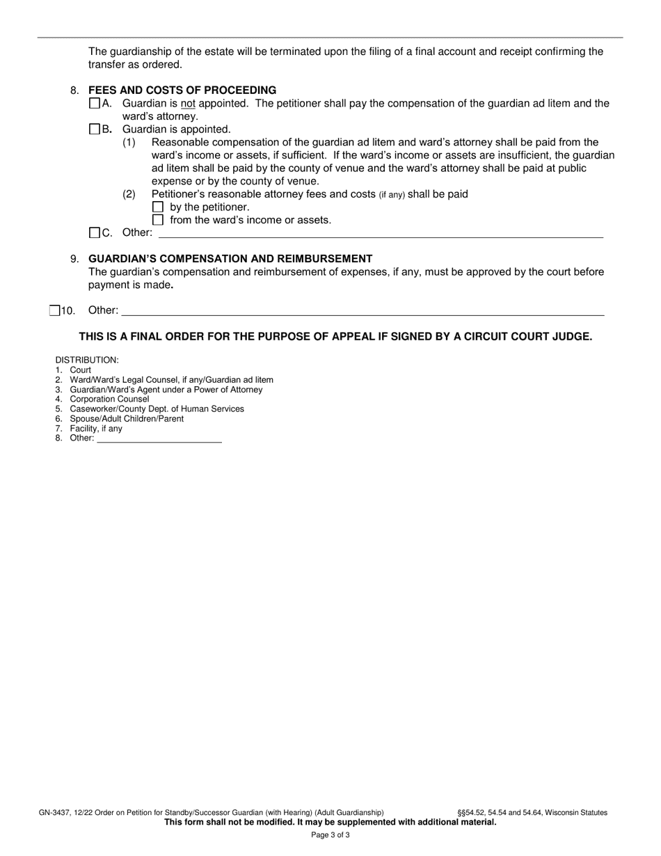 Form GN-3437 Order on Petition for Standby / Successor Guardian (With Hearing) (Adult Guardianship) - Wisconsin, Page 3