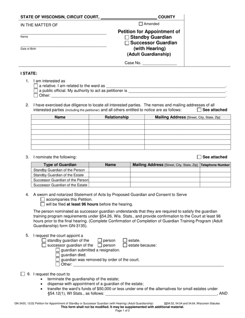 Form GN-3435 Petition for Appointment of Standby Guardian/Successor Guardian (With Hearing) (Adult Guardianship) - Wisconsin