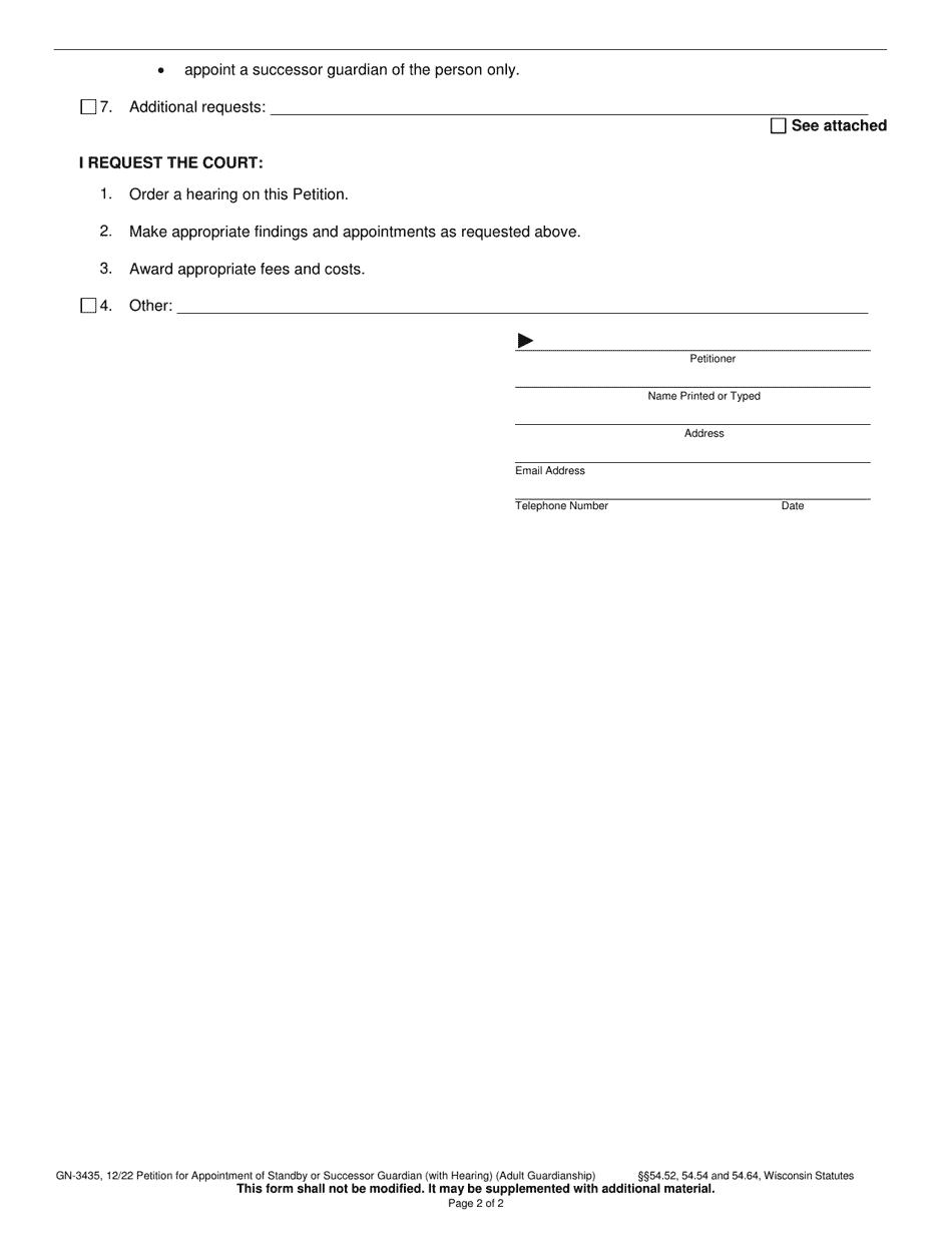 Form GN-3435 Petition for Appointment of Standby Guardian / Successor Guardian (With Hearing) (Adult Guardianship) - Wisconsin, Page 2