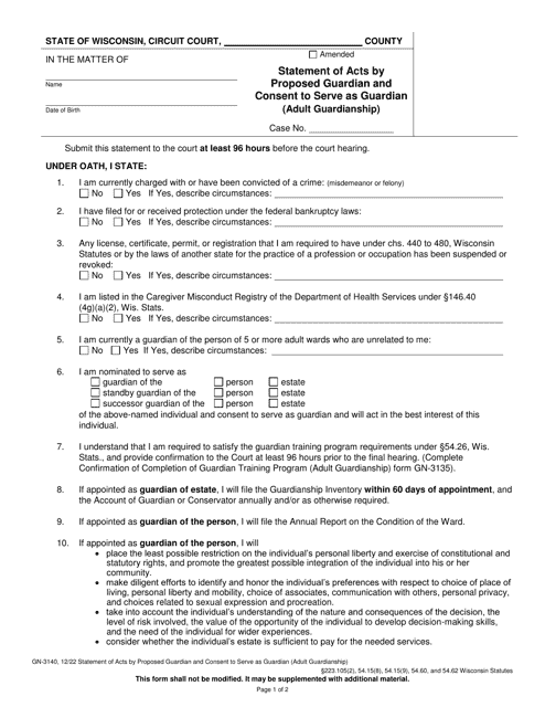Form GN-3140 Statement of Acts by Proposed Guardian and Consent to Serve as Guardian (Adult Guardianship) - Wisconsin