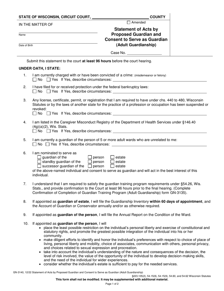 Form GN-3140 Statement of Acts by Proposed Guardian and Consent to Serve as Guardian (Adult Guardianship) - Wisconsin, Page 1