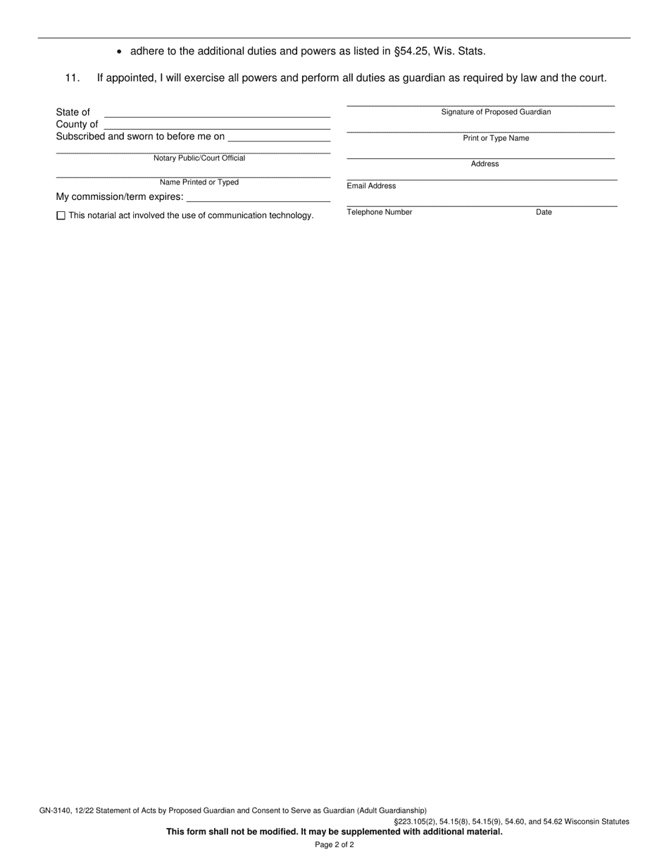 Form GN-3140 Statement of Acts by Proposed Guardian and Consent to Serve as Guardian (Adult Guardianship) - Wisconsin, Page 2