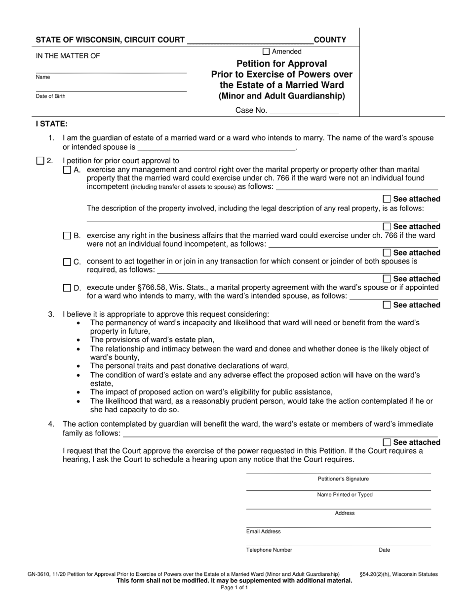 Form GN-3610 Petition for Approval Prior to Exercise of Powers Over the Estate of a Married Ward (Minor and Adult Guardianship) - Wisconsin, Page 1