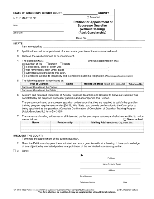 Form GN-3410 Petition for Appointment of Successor Guardian (Without Hearing) (Adult Guardianship) - Wisconsin