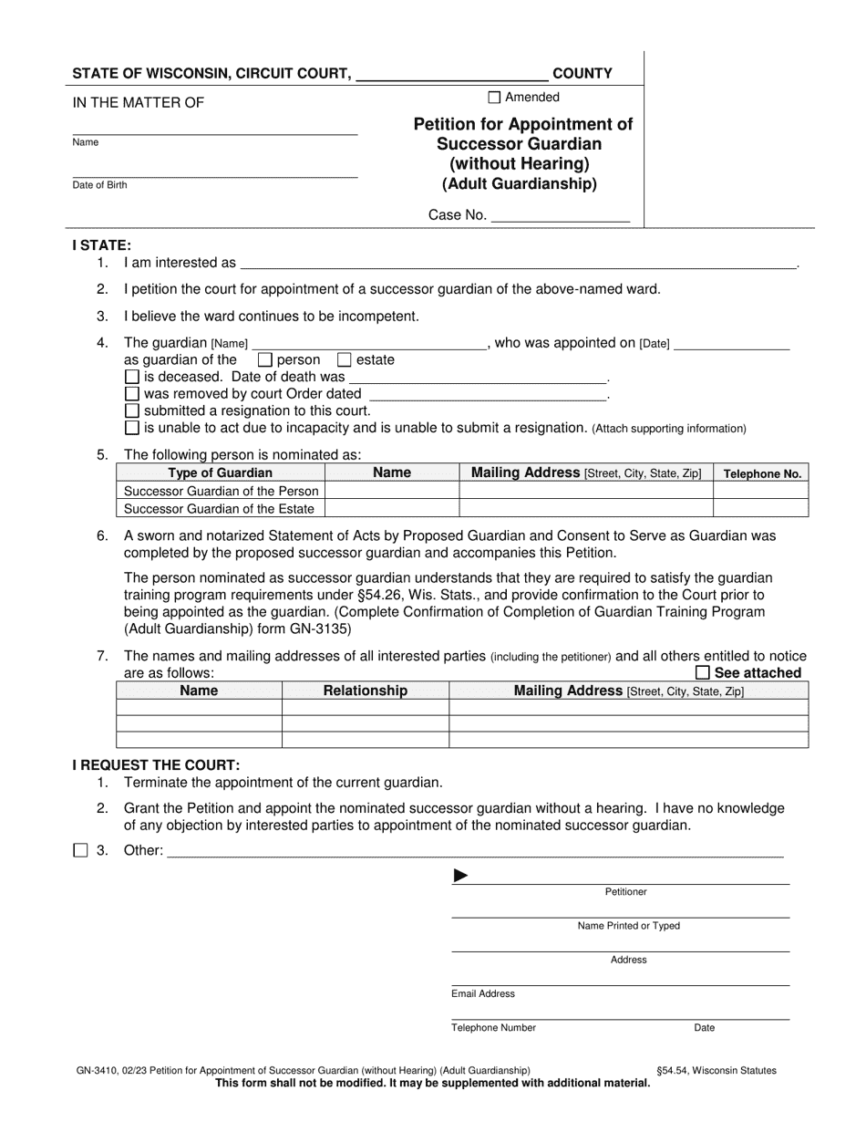 Form GN-3410 Petition for Appointment of Successor Guardian (Without Hearing) (Adult Guardianship) - Wisconsin, Page 1