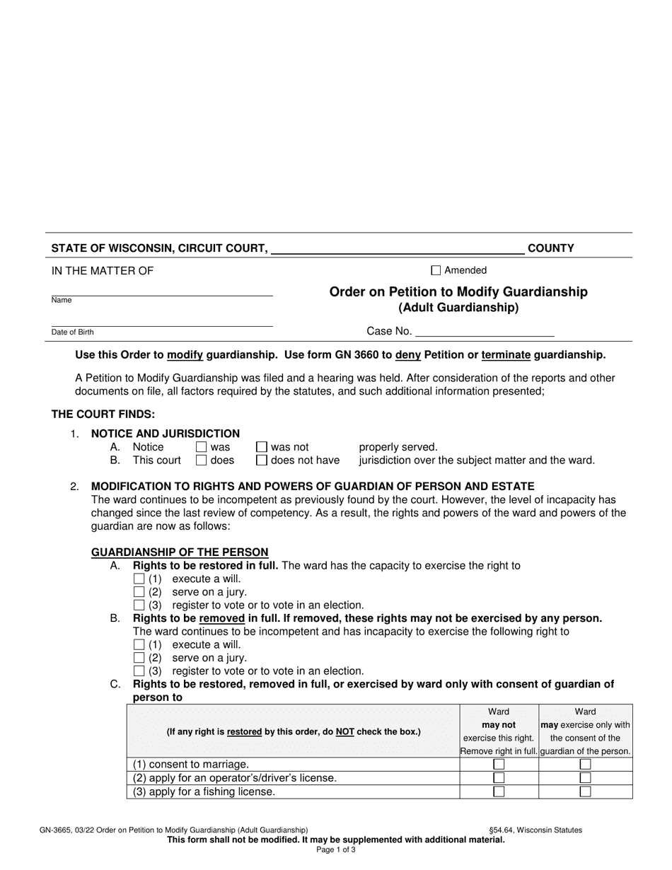 Form GN-3665 Order on Petition to Modify Guardianship (Adult Guardianship) - Wisconsin, Page 1