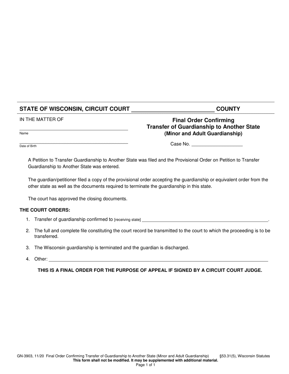 Form GN-3903 Final Order Confirming Transfer of Guardianship to Another State (Minor and Adult Guardianship) - Wisconsin, Page 1