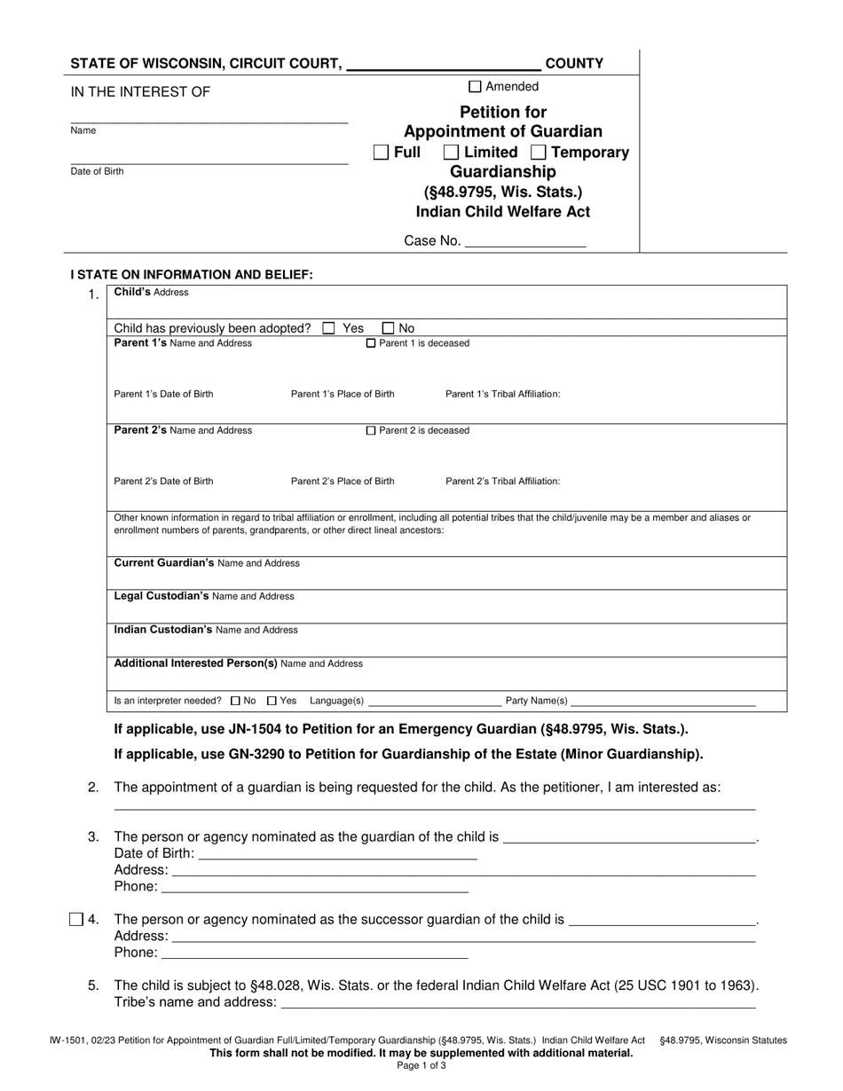 Form IW-1501 Petition for Appointment of Guardian Full / Limited / Temporary Guardianship (48.9795, Wis. Stats.) - Indian Child Welfare Act - Wisconsin, Page 1