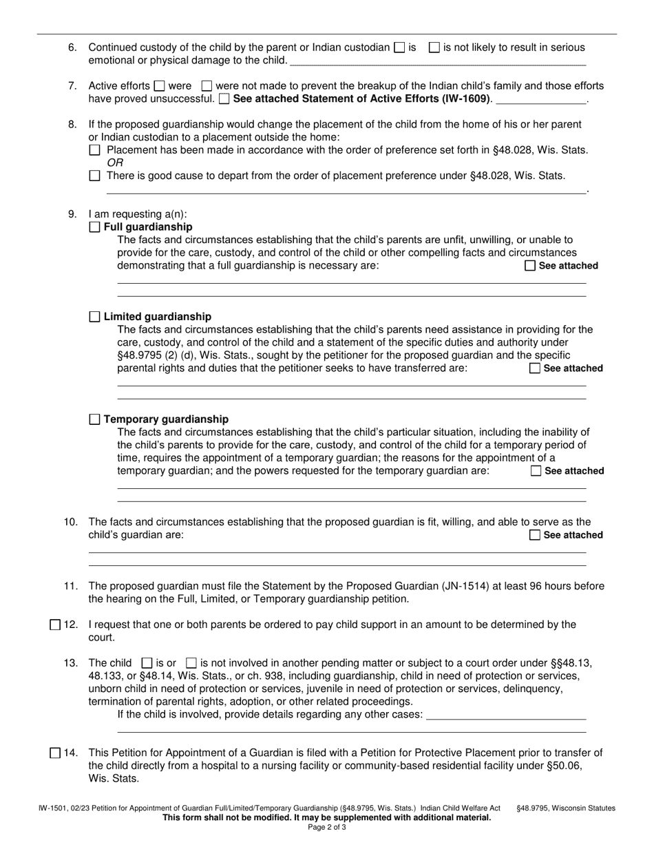 Form IW-1501 Petition for Appointment of Guardian Full / Limited / Temporary Guardianship (48.9795, Wis. Stats.) - Indian Child Welfare Act - Wisconsin, Page 2