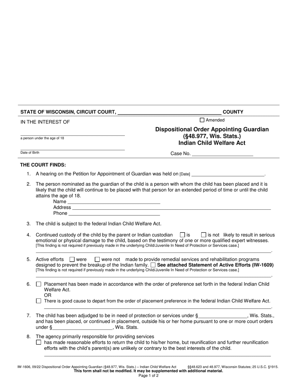 Form IW-1606 Dispositional Order Appointing Guardian (48.977, Wis. Stats.) - Indian Child Welfare Act - Wisconsin, Page 1