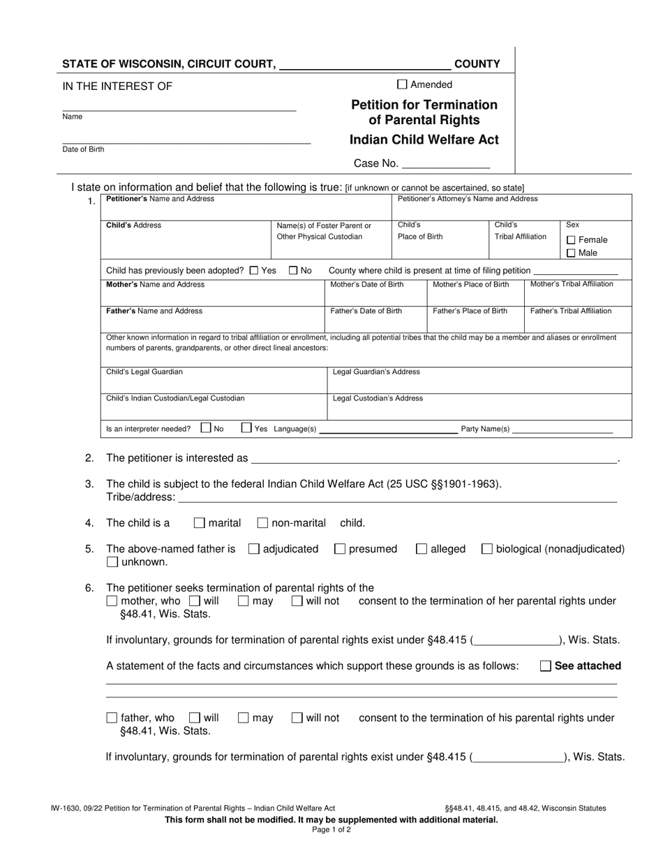 Form IW-1630 Petition for Termination of Parental Rights - Indian Child Welfare Act - Wisconsin, Page 1