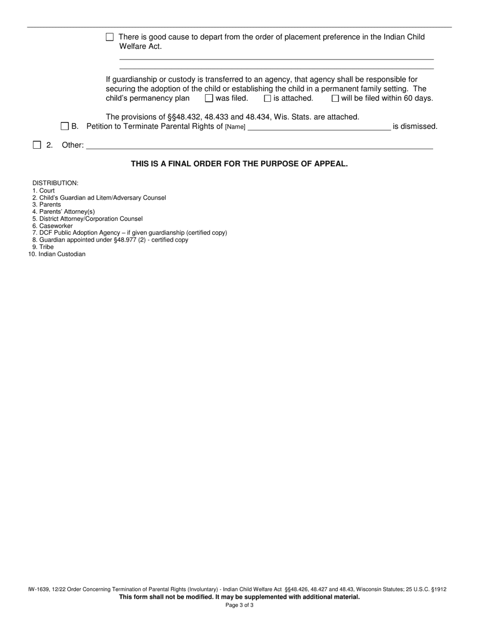 Form IW-1639 Order Concerning Termination of Parental Rights (Involuntary) Indian Child Welfare Act - Wisconsin, Page 3