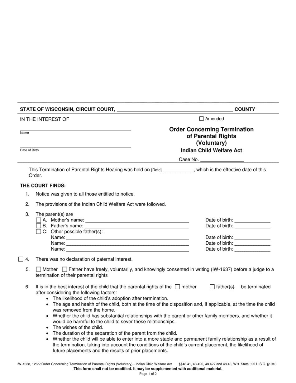 Form IW-1638 Order Concerning Termination of Parental Rights (Voluntary) - Indian Child Welfare Act - Wisconsin, Page 1