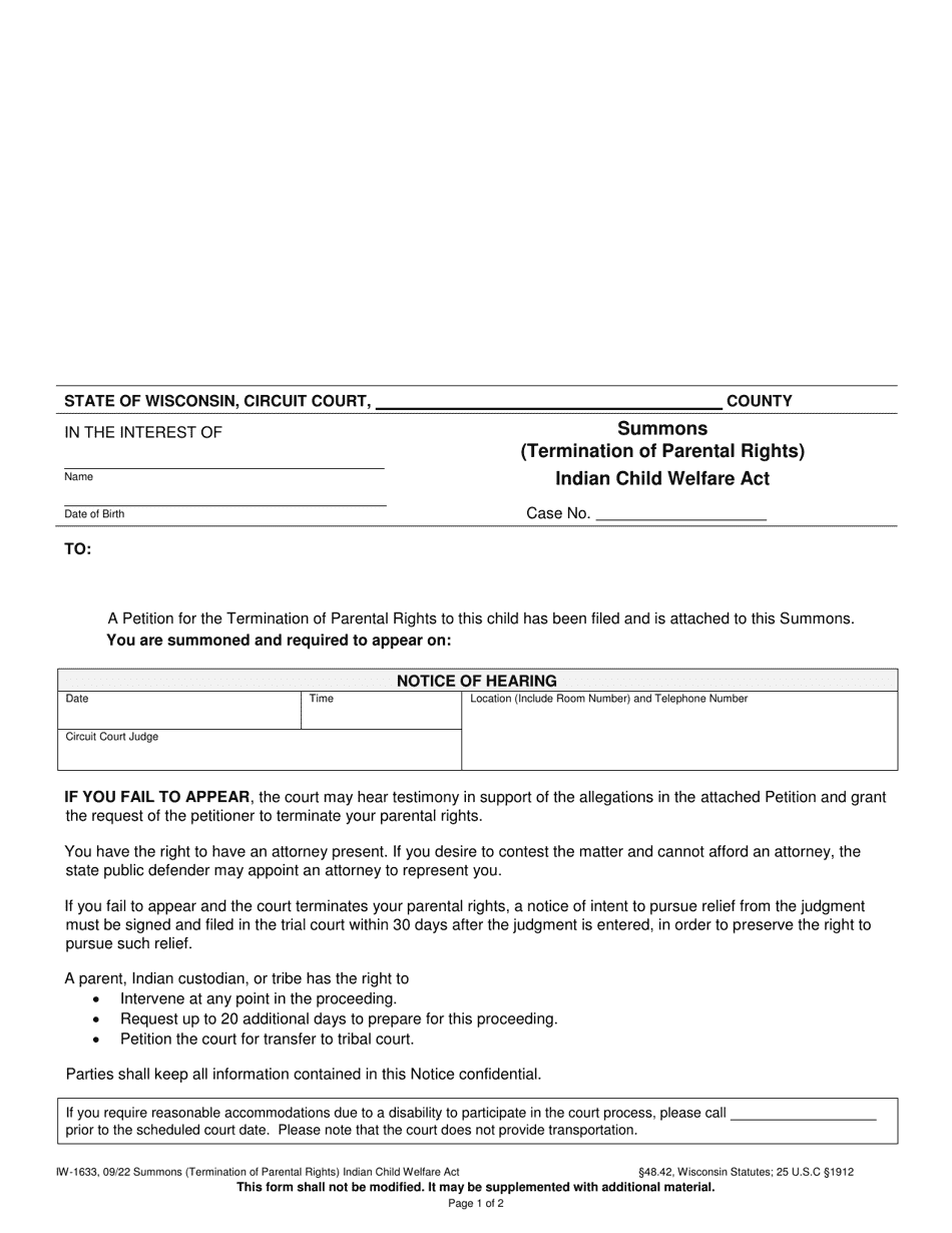 Form IW-1633 Summons (Termination of Parental Rights) - Indian Child Welfare Act - Wisconsin, Page 1