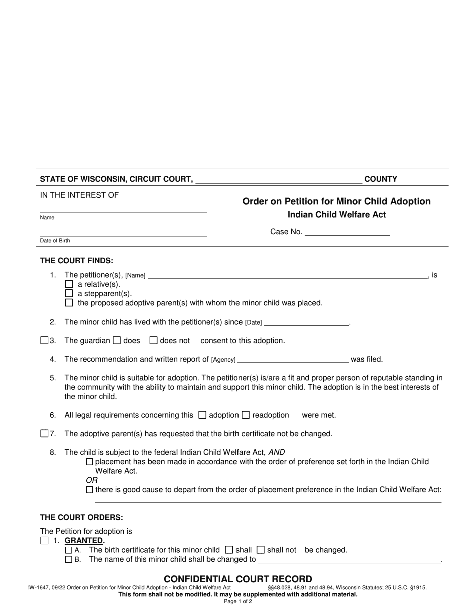 Form IW-1647 Order on Petition for Minor Child Adoption - Indian Child Welfare Act - Wisconsin, Page 1