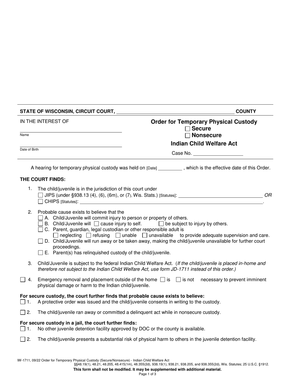 Form IW-1711 Order for Temporary Physical Custody Secure / Nonsecure - Indian Child Welfare Act - Wisconsin, Page 1