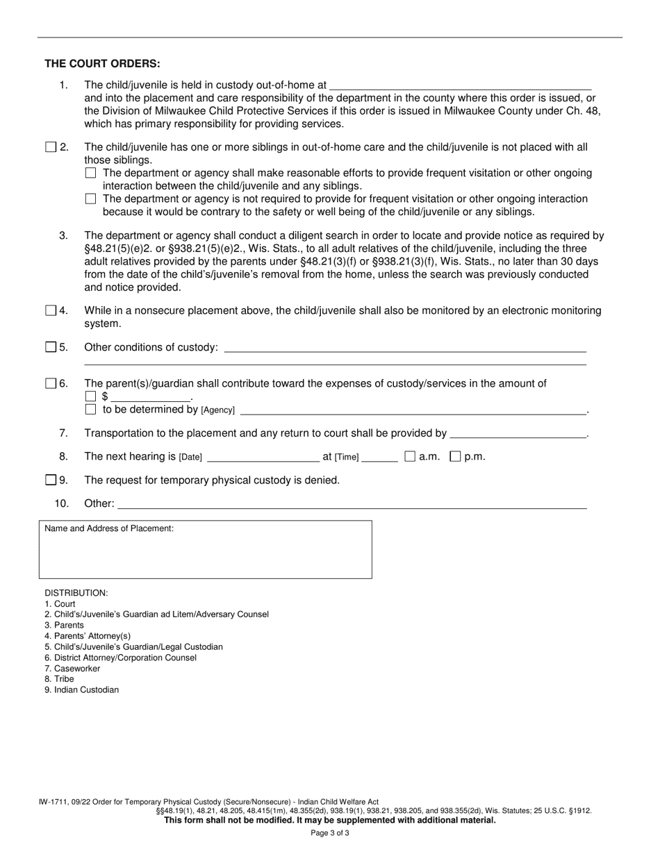 Form IW-1711 Order for Temporary Physical Custody Secure / Nonsecure - Indian Child Welfare Act - Wisconsin, Page 3